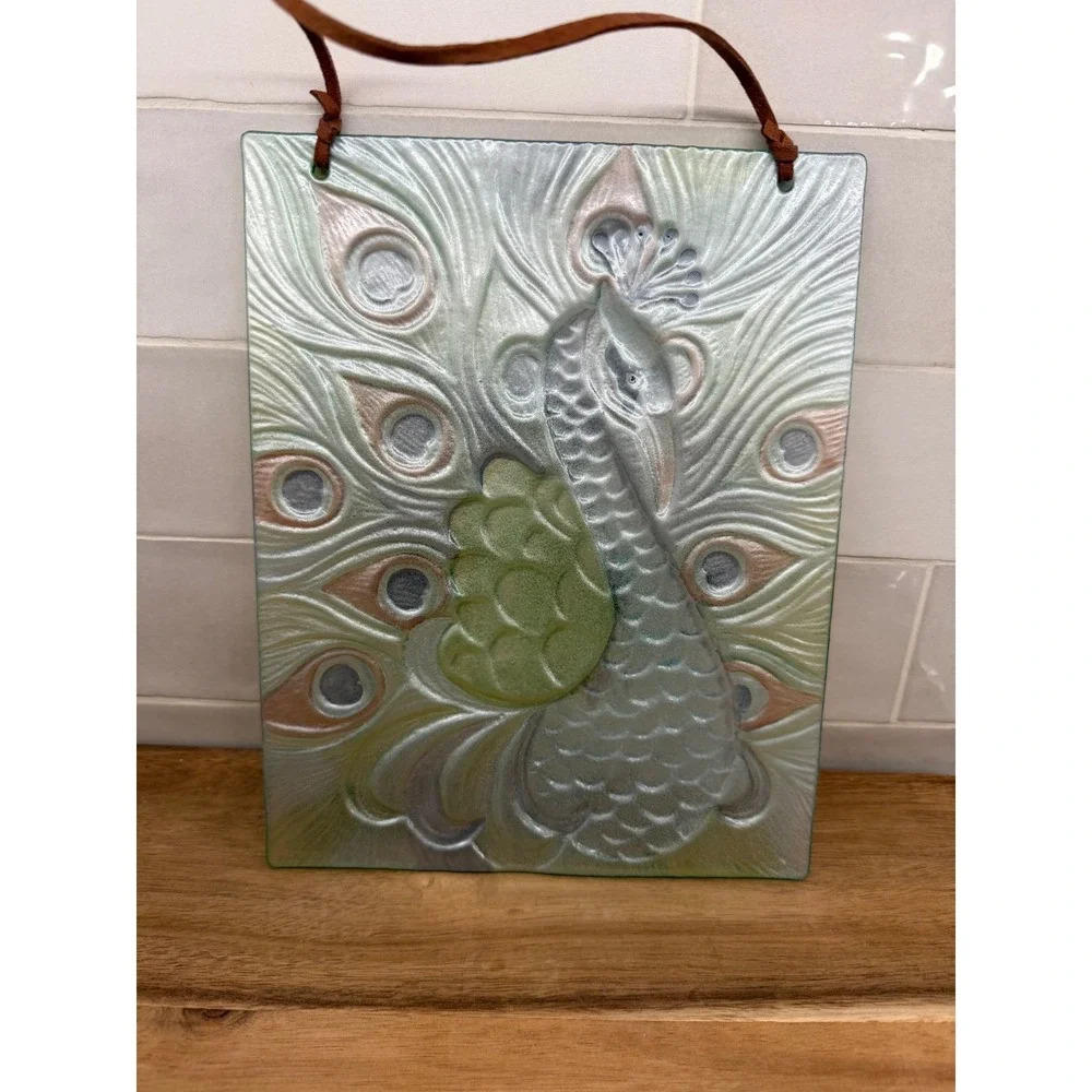 Pier One Reverse Painting‎ Peacock Textured Glass Wall Art Plaque Hanging Decor